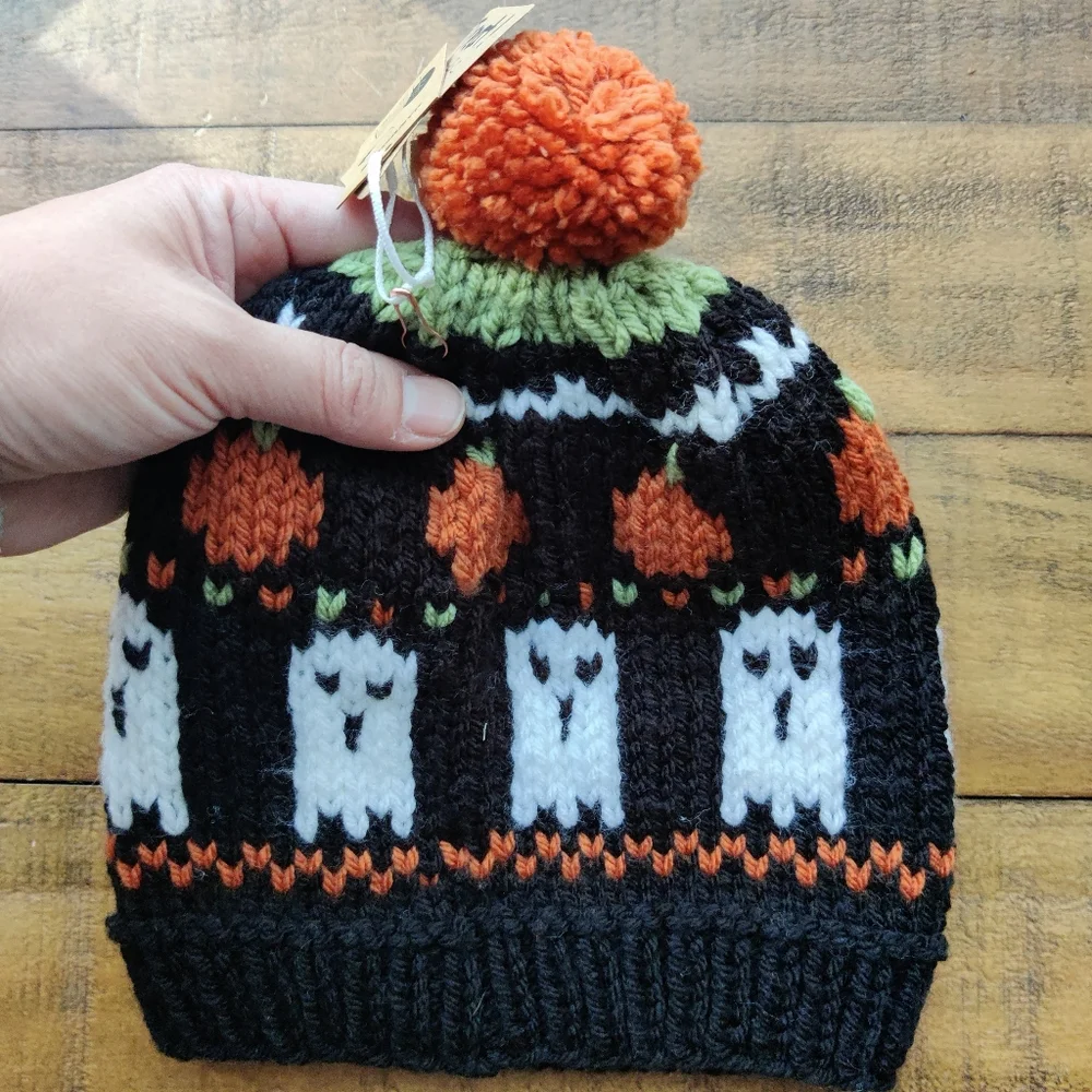 Hand knit Trick Or Treat Ghost And pumpkin Beanie - One Of A Kind